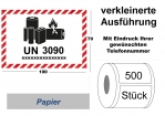 Label UN 3090 "Lithium-Metall-Batterien" klein, mit Telefonnummer 