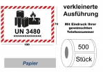 Label UN 3480 "Lithium-Ionen-Batterien" klein, mit Telefonnummer 
