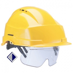 Schutzhelm mit integrierter Schutzbrille DIN EN 397 und EN 166 / gelb 