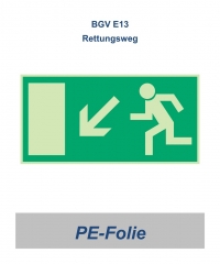 Rettungsweg-Schild PE "links runter" 297x148 