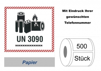 Label UN 3090 "Lithium-Metall-Batterien" mit Telefonnummer 