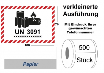 Label UN 3091 "Lithium-Metall-Batterien" klein, mit Telefonnummer 