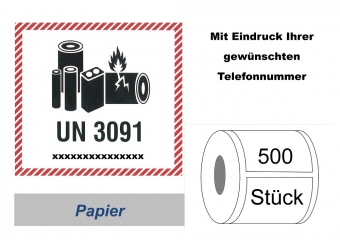 Label UN 3091 "Lithium-Metall-Batterien" mit Telefonnummer 