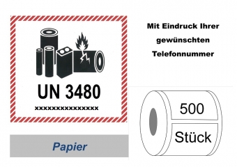 Label UN 3480 "Lithium-Ionen-Batterien" mit Telefonnummer 