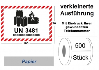 Label UN 3481 "Lithium-Ionen-Batterien" klein, mit Telefonnummer 