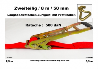 Ratschen-Zurrgurt 50mm / 8m Profilhaken (0,5/7,5) / 500 daN 