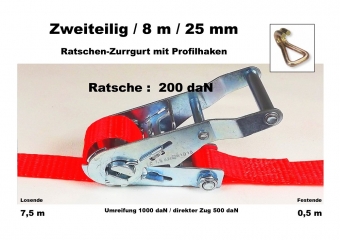 Ratschen-Zurrgurt 2- 25mm / 8m Profilhaken (0,5/7,5) / 200 daN 