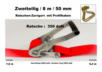Ratschen-Zurrgurt 50mm / 8m Profilhaken (0,4/7,6) / 350 daN 
